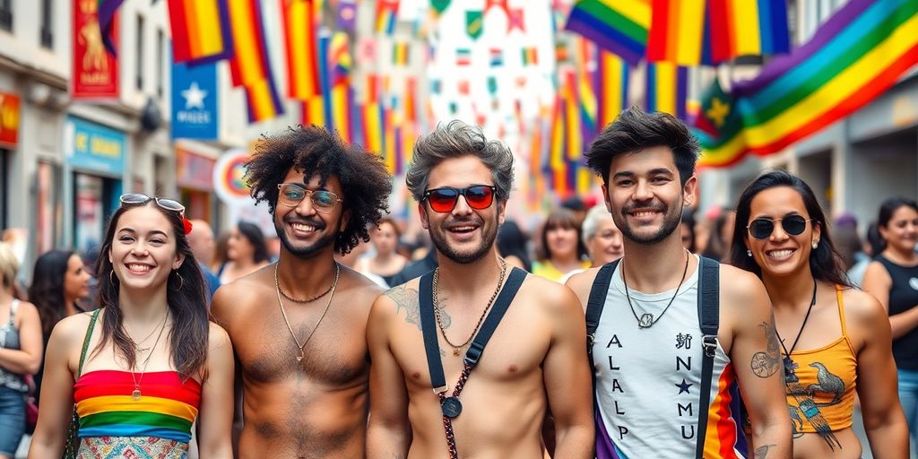 Diverse individuals celebrating LGBTQ+ pride in colorful outfits.