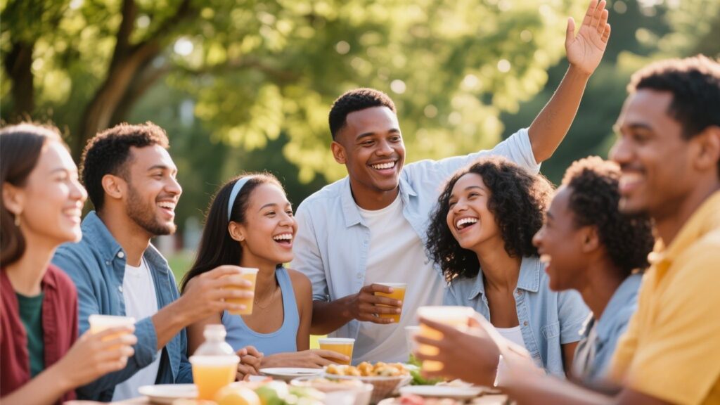 Diverse individuals enjoying a joyful outdoor community gathering