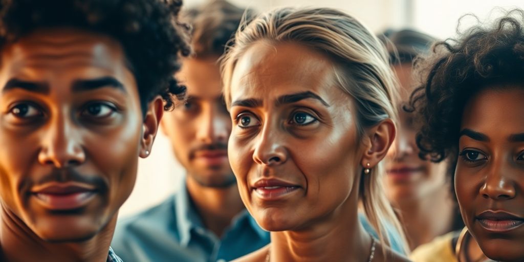 Diverse people expressing emotions in a personal storytelling setting.