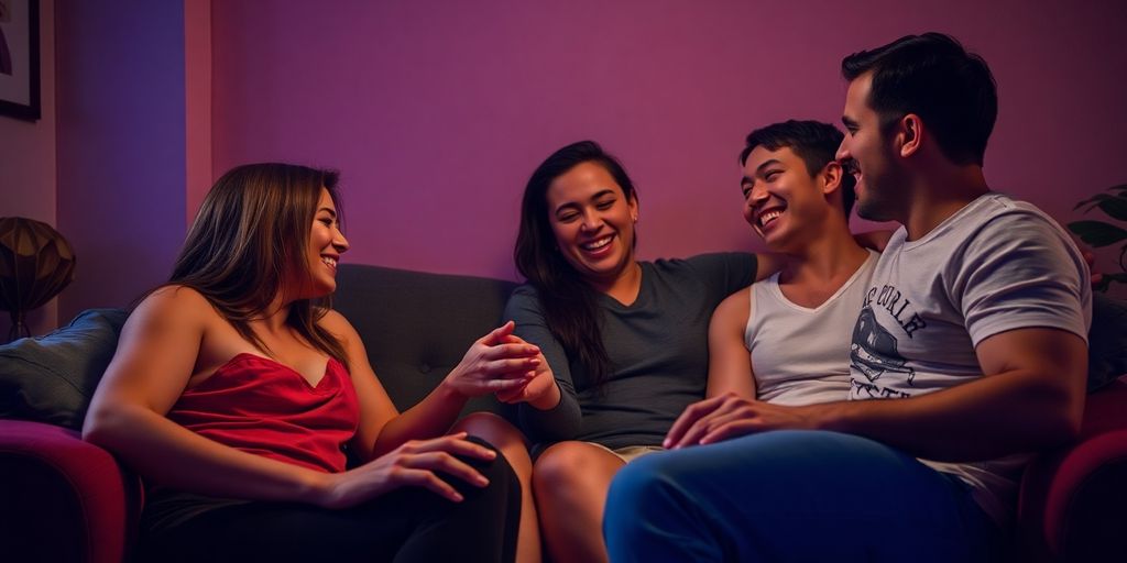 Four adults engaged in a lively and intimate interaction.