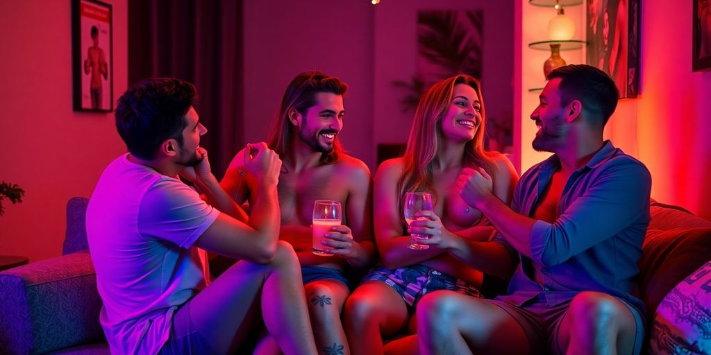 Four adults enjoying a playful and intimate gathering.