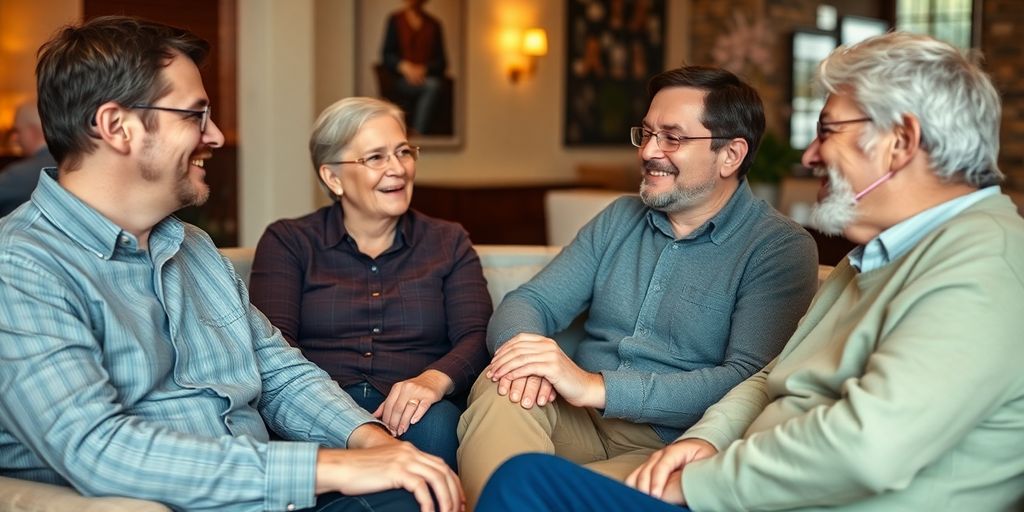 Four adults having a friendly conversation in a cozy setting.