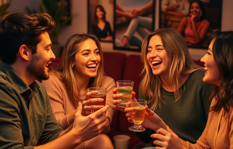 Four friends enjoying drinks and laughter together.
