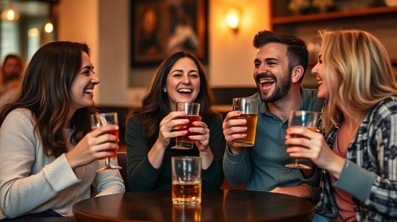 Four friends laughing and drinking together in a cozy setting.