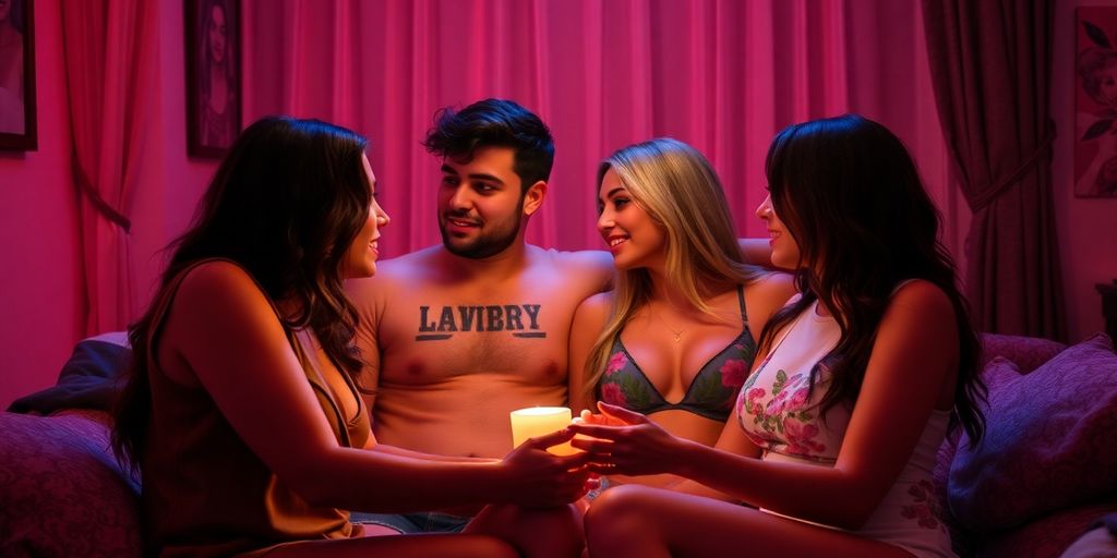 Four people interacting intimately in a cozy environment.