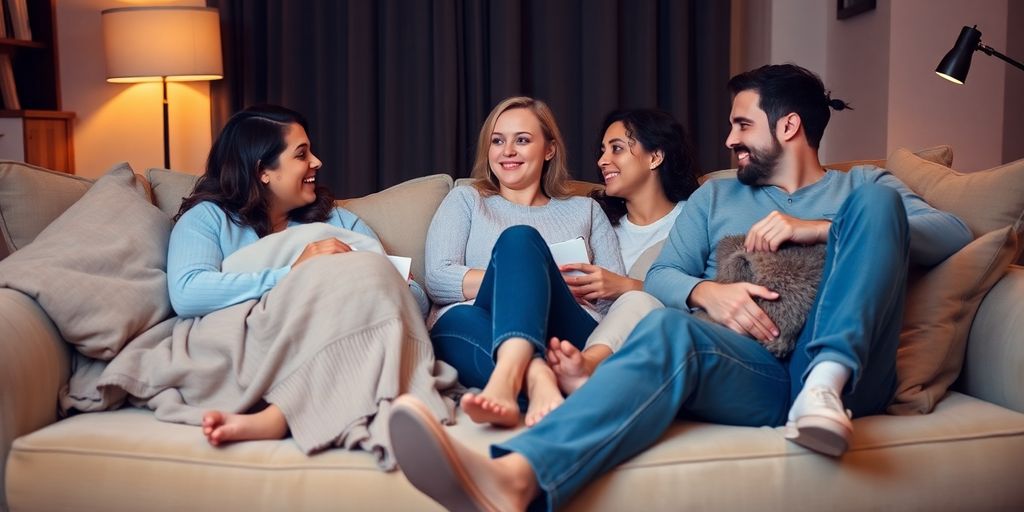Four people lounging together in a cozy setting.