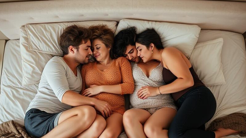 Four people sharing a cozy, intimate moment on a bed.