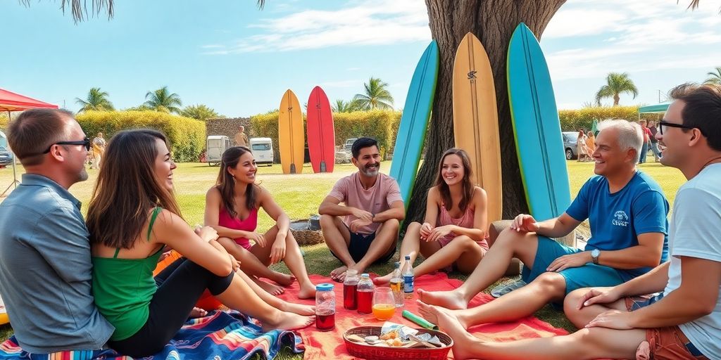 Friends enjoying a fun outdoor meet-up with surfboards