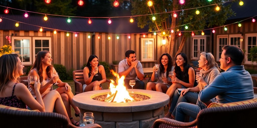 Friends enjoying a vibrant outdoor gathering by a fire pit