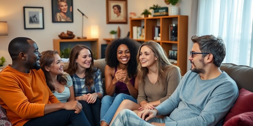 Group discussion about sex in a cozy living room.