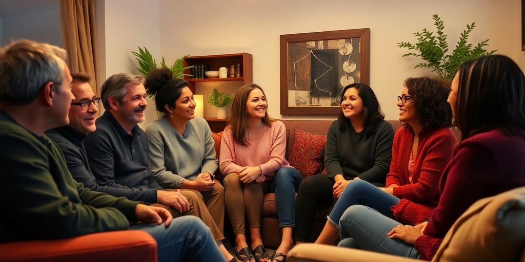 Group discussion in a cozy, inviting setting.