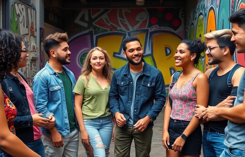 Group of Gen Z discussing sexuality in urban setting.