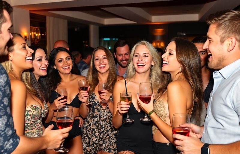 Group of adults socializing in a lively, upscale setting