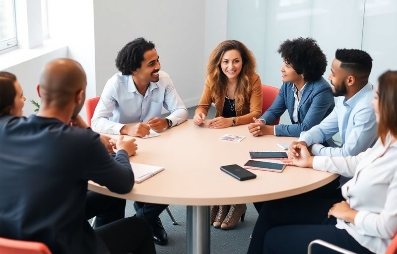 Group of coworkers discussing relationships in a modern office.