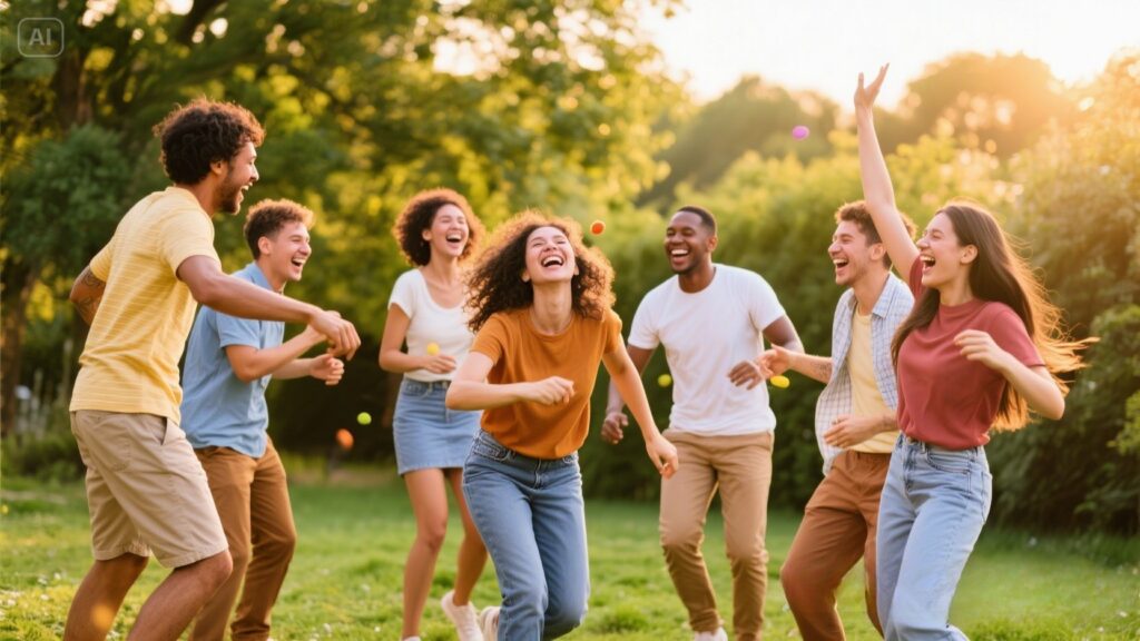 Group of diverse adults enjoying a playful gathering