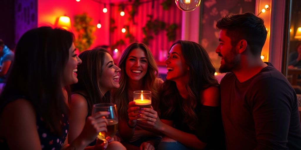 Group of friends enjoying a cozy, flirtatious evening together