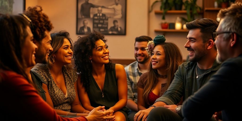 Group of people conversing in a cozy, intimate setting.