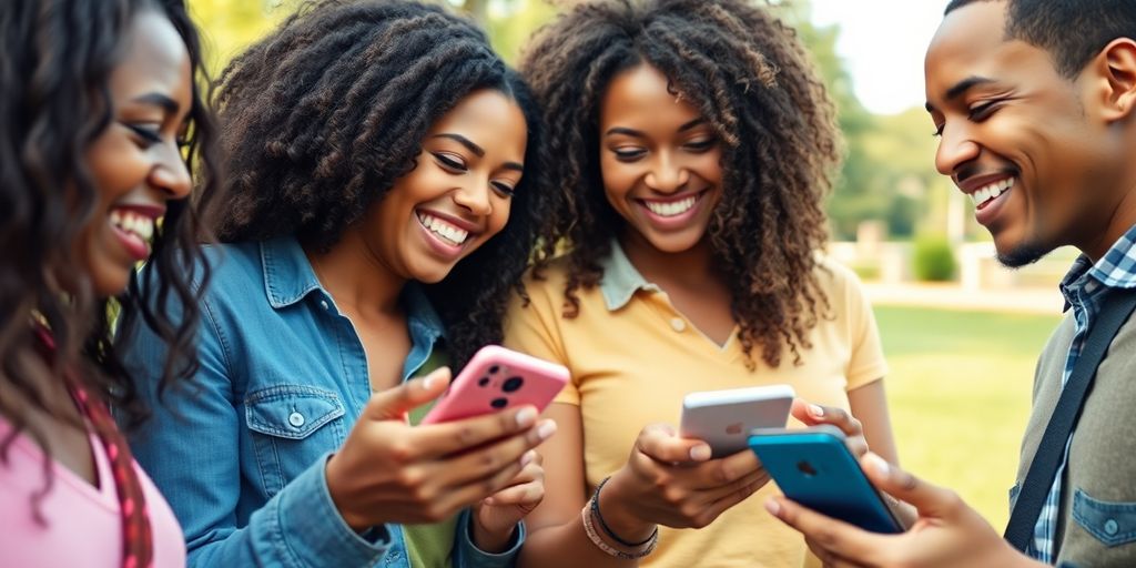 Group of young adults sharing phones and laughing outdoors.