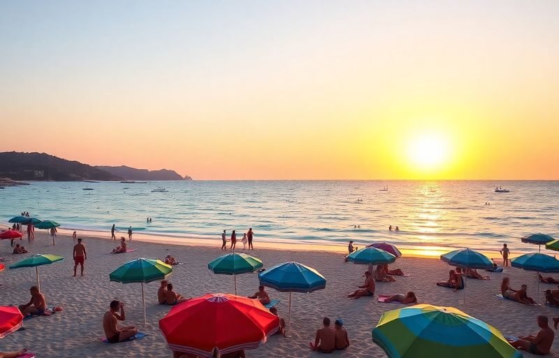 Ibiza beach with sunbathers and colorful umbrellas at sunset.