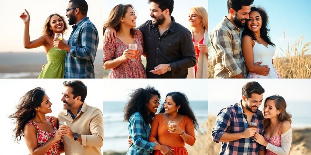 Interracial couples enjoying life together in various settings