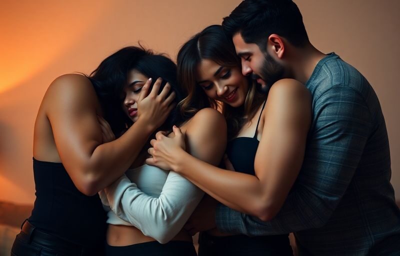 Intimate moment between four people in a sensual embrace.