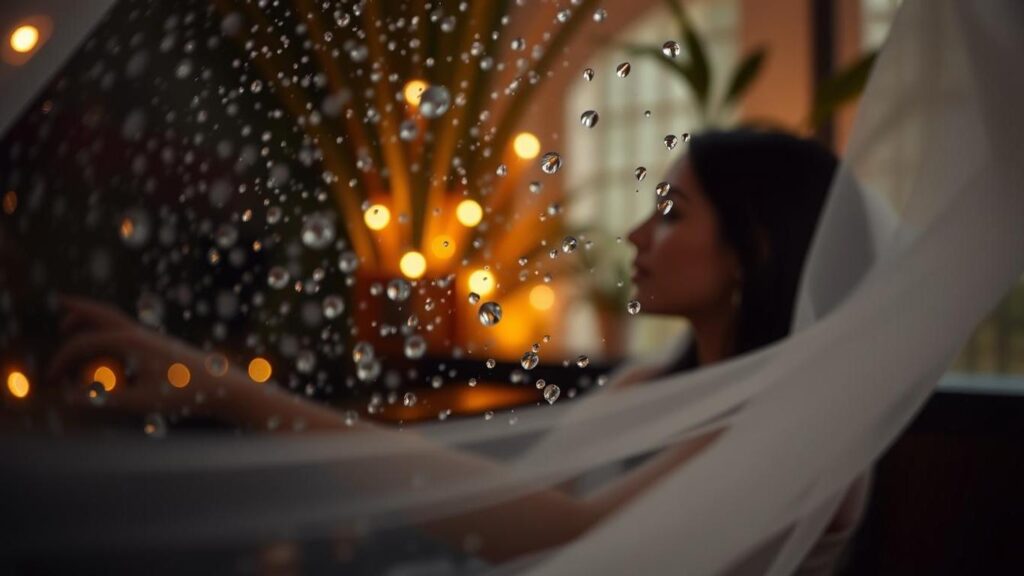 Intimate setting with soft lighting and water droplets