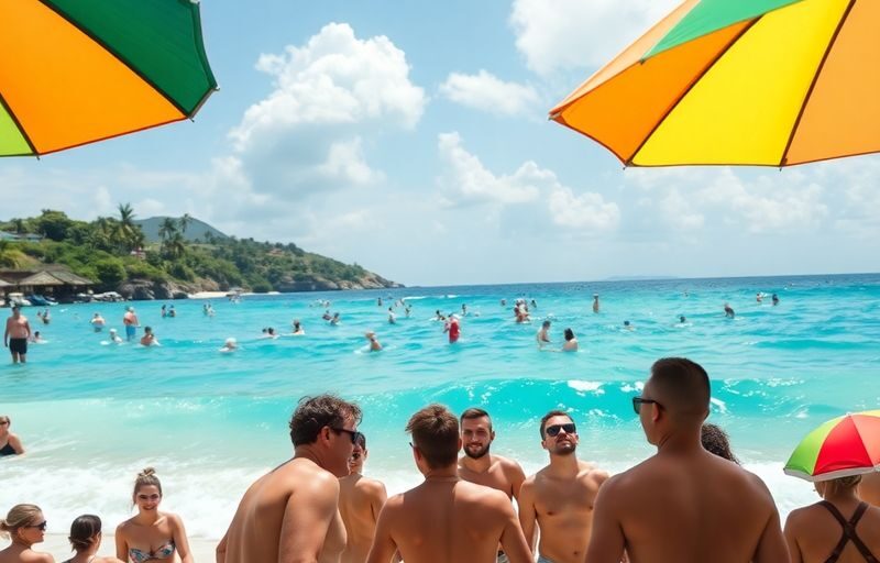 LGBTQ+ travelers enjoying a sunny beach getaway.