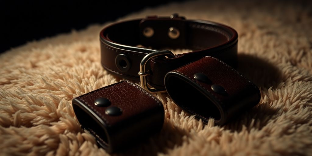Leather collar and cuffs on plush surface, intimate lighting.