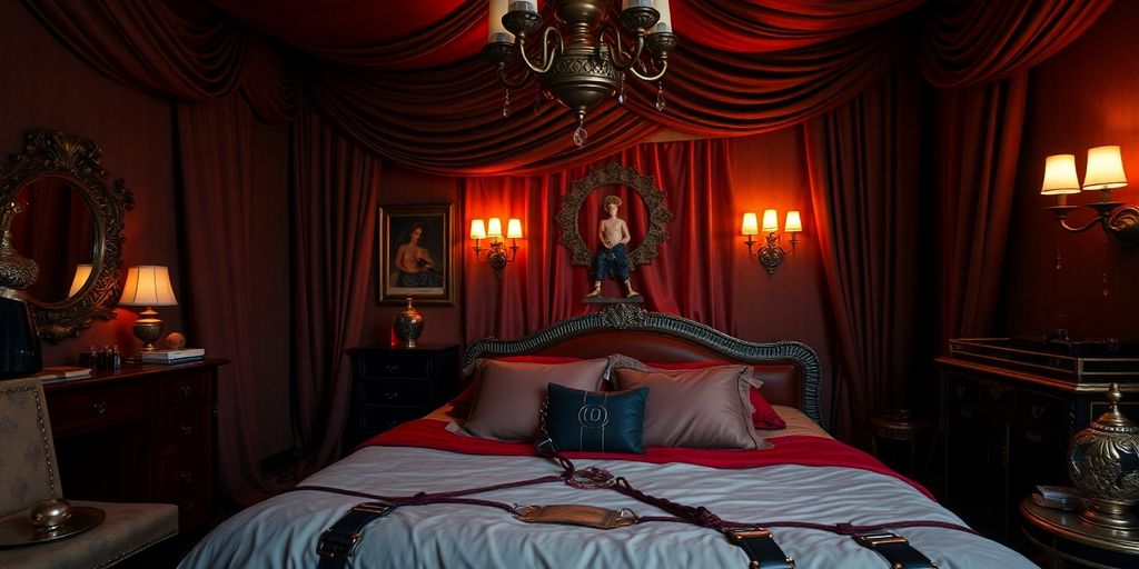 Luxurious BDSM bedroom with elegant decor and lighting.