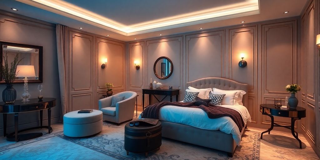 Luxurious BDSM retreat room with elegant decor and gear.