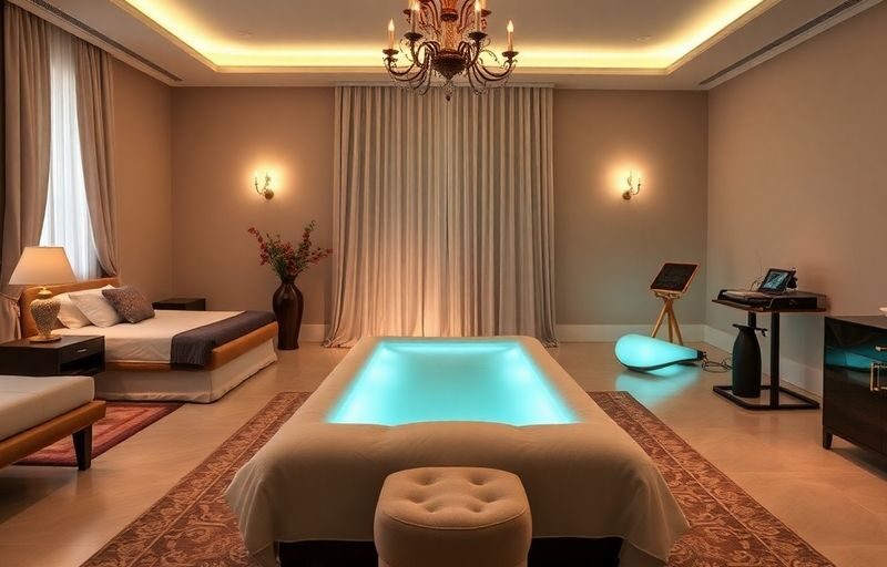 Luxurious BDSM retreat with elegant decor and soft lighting.