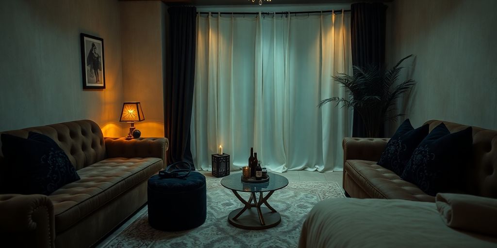 Luxurious BDSM retreat with inviting decor and playful gear.