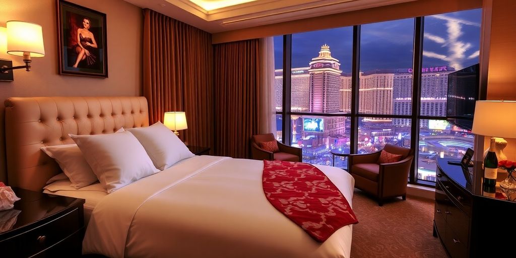 Luxurious hotel room in Las Vegas for romantic getaway.