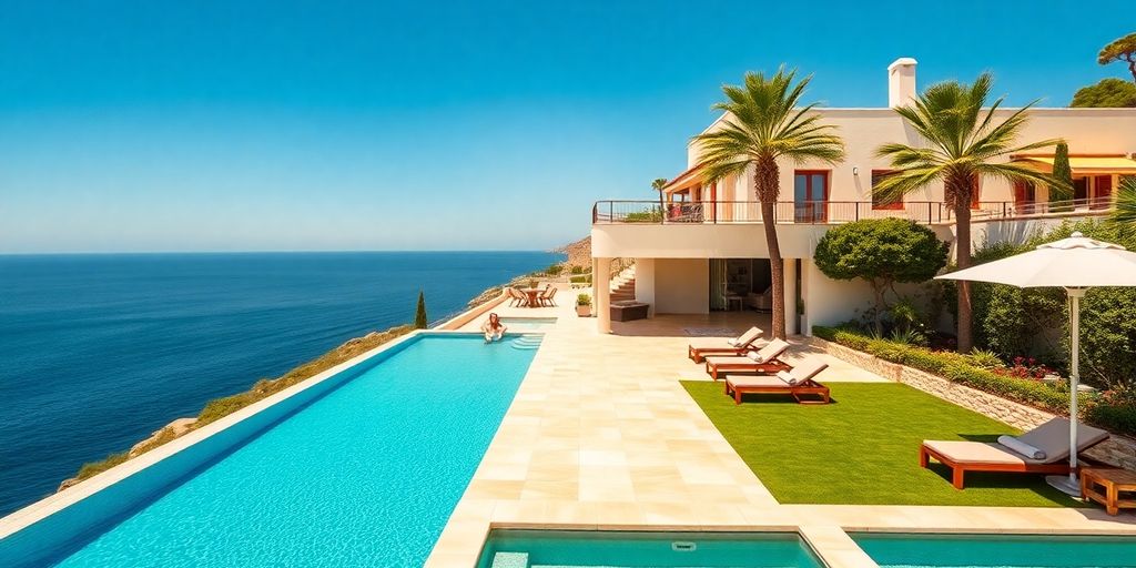 Luxurious villa in Ibiza with infinity pool and gardens.
