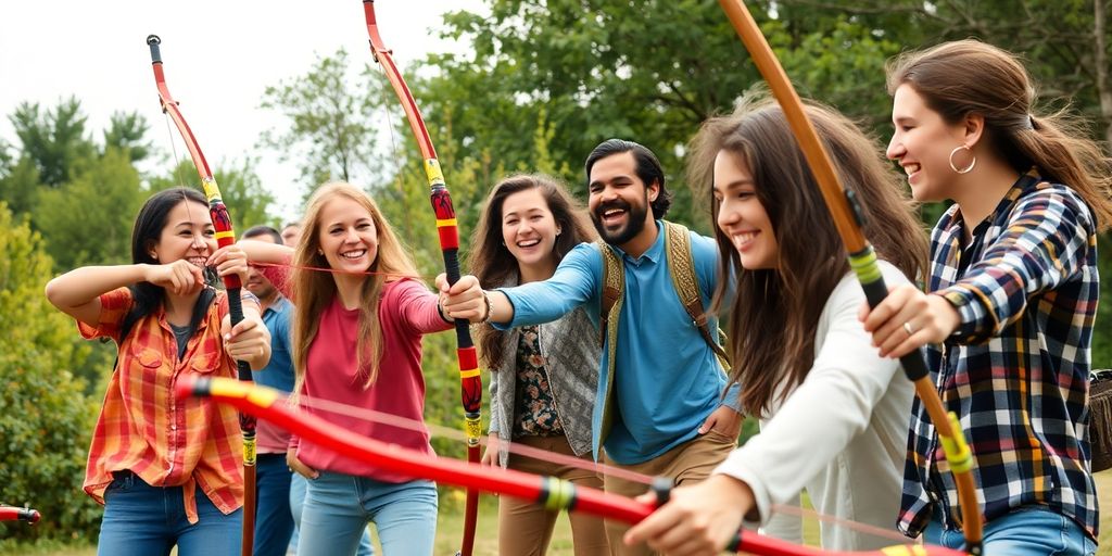 Millennials enjoying quiver swinging in a natural setting