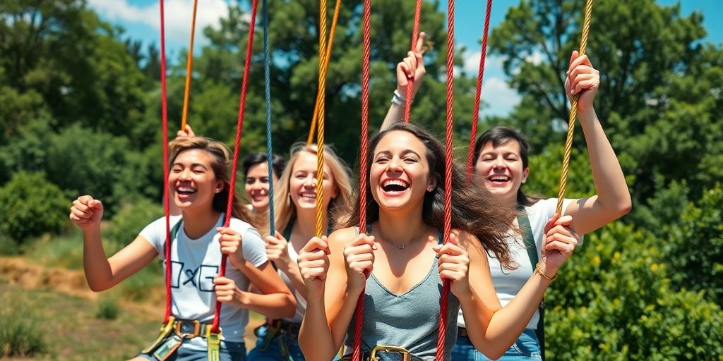 Millennials enjoying quiver swinging outdoors in nature