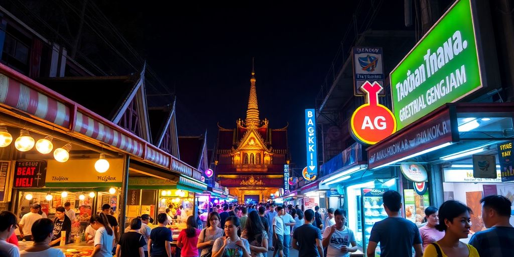 Night scene in Bangkok with neon lights and street food