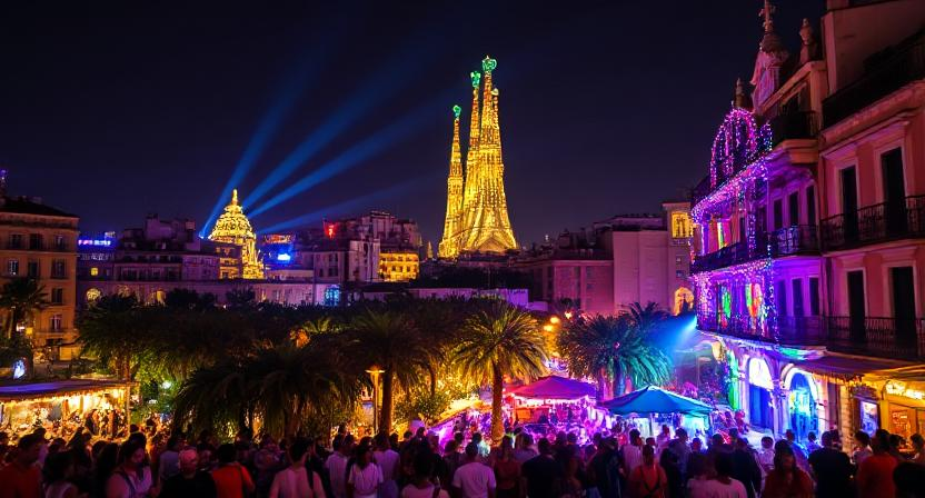 Nightlife in Barcelona with colorful lights and festivities.