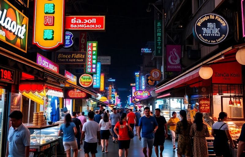 Nighttime street scene in vibrant Bangkok, Thailand