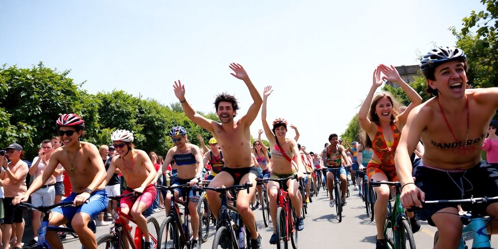 Participants joyfully cycling in the World Naked Bike Ride.