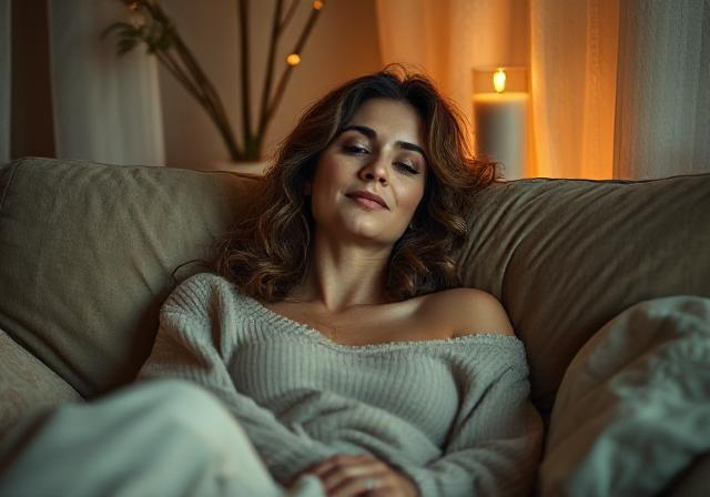 Relaxed woman in cozy setting, evoking intimacy and comfort