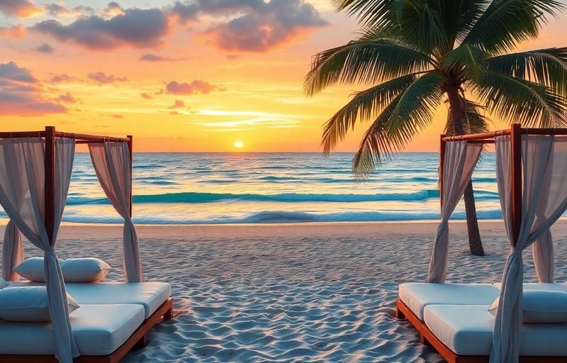 Romantic beach scene with cabanas and sunset.