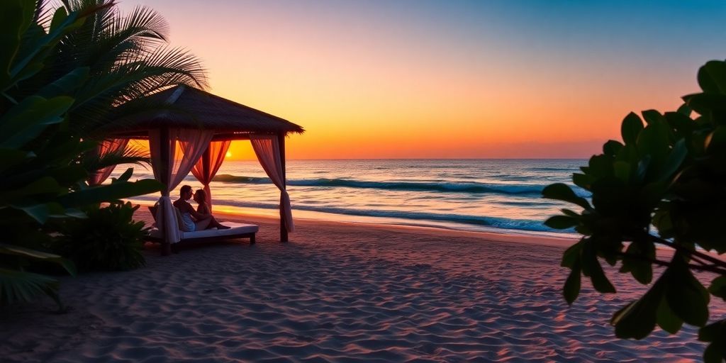 Romantic beach setting with secluded cabana and sunset.