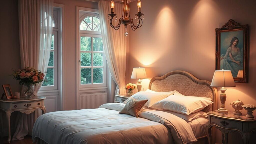 Romantic bedroom with soft lighting and elegant decor