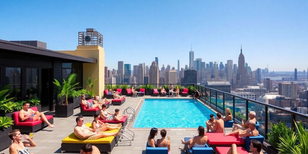 Rooftop pool at The Out NYC with sunbathers.