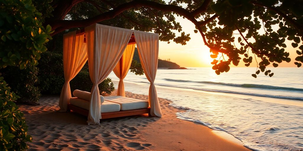 Secluded beach cabana at sunset for romantic getaway.