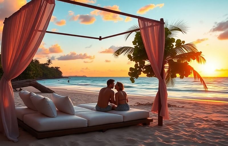 Secluded beach cabana at sunset, perfect for romance.