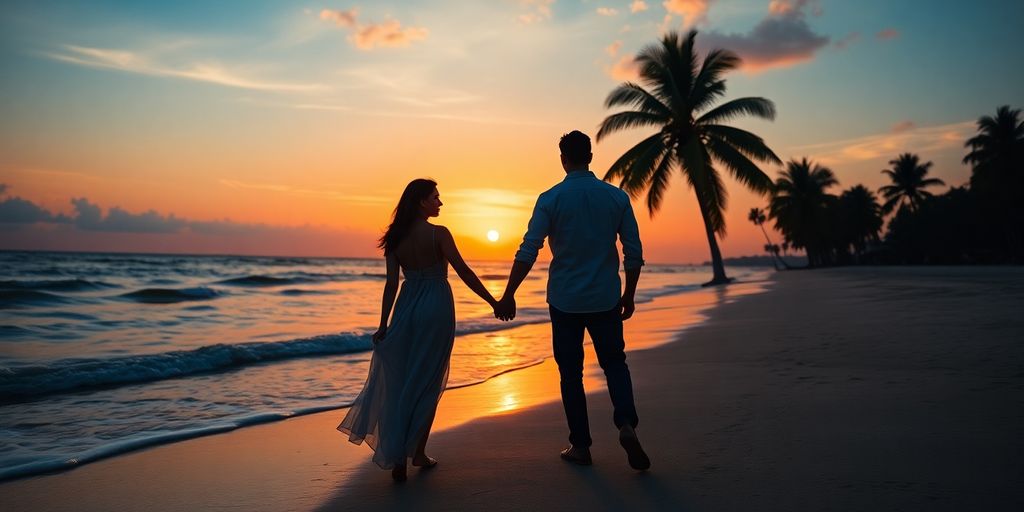 Silhouettes of a couple at sunset on the beach.