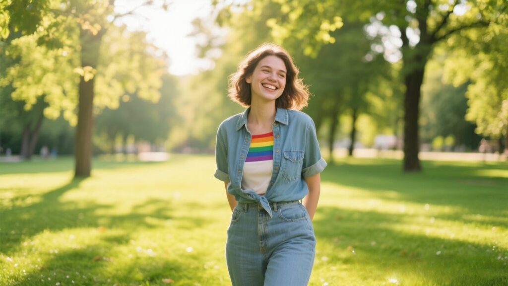Single bi woman smiling in a  park setting