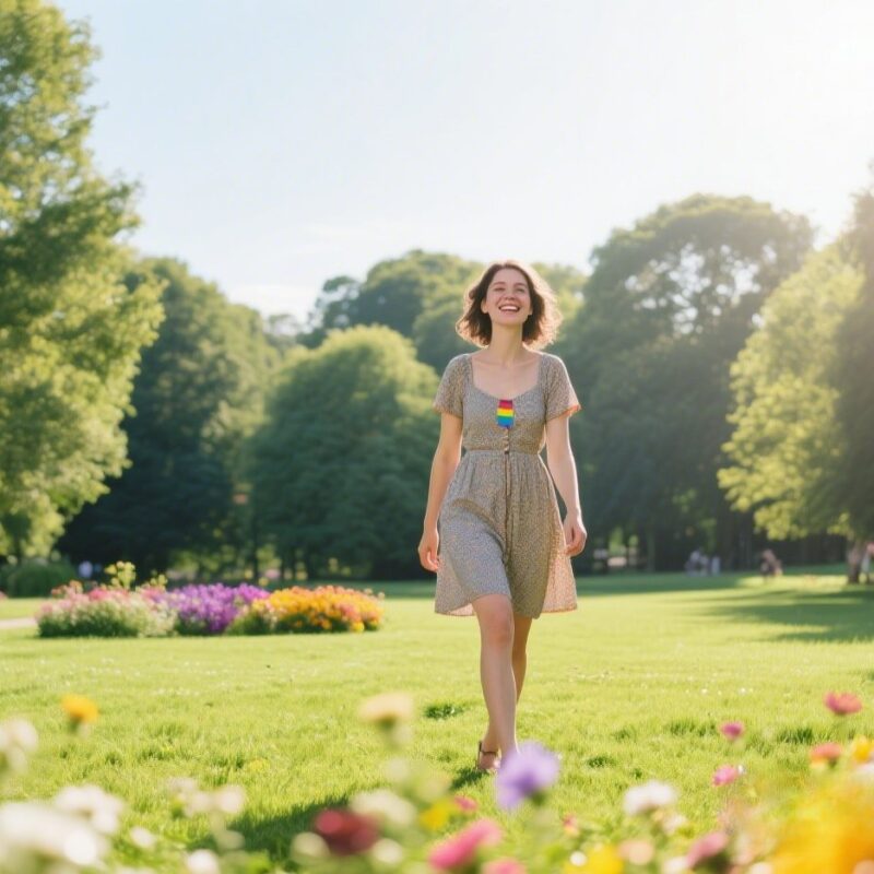 Single bi woman smiling in a sunny park setting